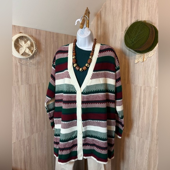 Fashion Formulas Vintage Burgundy and Green Striped Cardigan - Picture 5 of 8